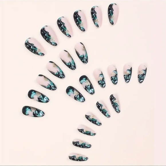 🆕 Green Marble Print Press On Nails Golden Foil Design Smudged Almond Shape NIB - Picture 5 of 5